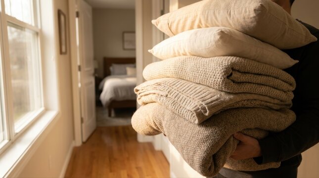 Person carrying a tall stack of clean, soft blankets and pillows toward a prepared bedroom, suggesting hospitality and comfort