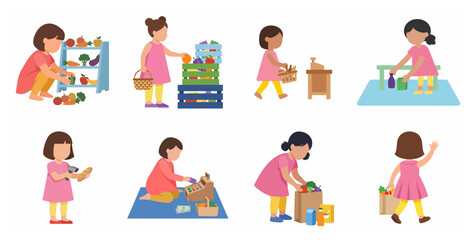 Fototapeta premium Set of little girls playing grocery store and shopping for food cartoon vector illustrations.