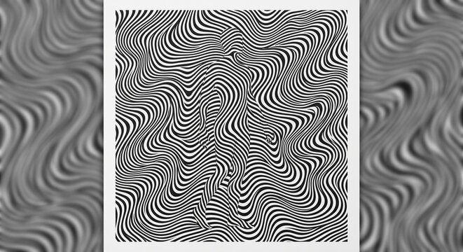A striking optical illusion artwork featuring wavy lines that create a dynamic sense of movement and depth. Hidden within the abstract pattern is the subtle silhouette of a standing human figure.