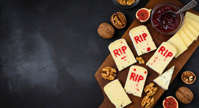 Cheese platter with RIP inscriptions, festive mood, served on wooden board, dark background