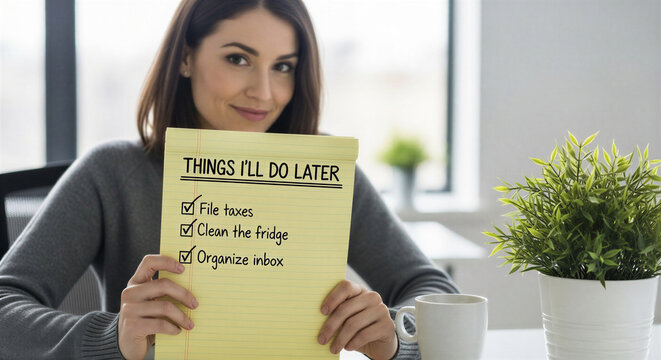 Smiling woman holding large notepad with Things I'll Do Later list, office desk, plant and coffee, procrastination concept