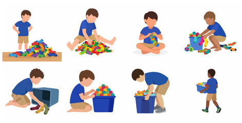 Fototapeta premium Little boy sorting and organizing colorful laundry socks set, flat vector illustration