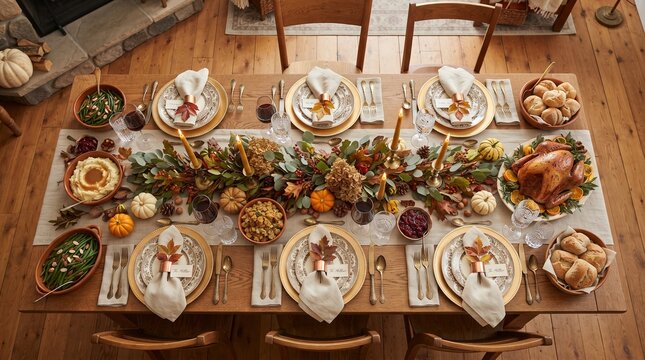 Thanksgiving dinner table setting with roasted turkey and autumnal decorations