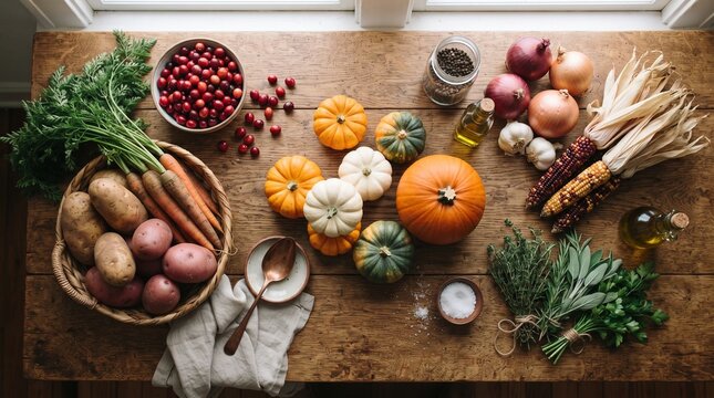 Thanksgiving dinner ingredients, fresh vegetables and pumpkins on a rustic wooden table
