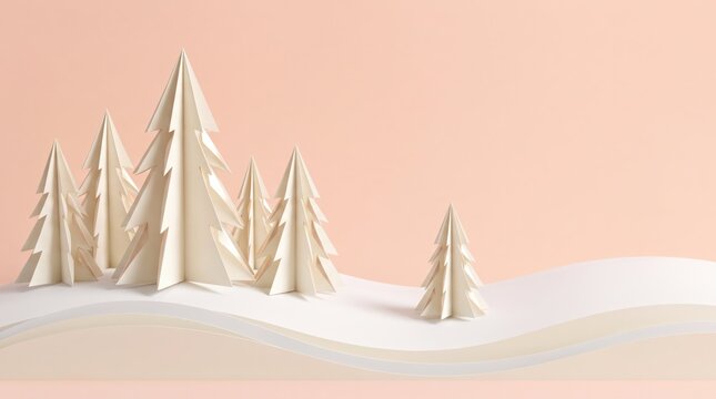 winter wonderland scene with paper cutout trees on pastel background