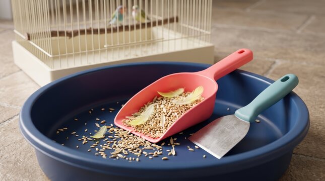 Cleaning bird cage with scoop and shovel on floor