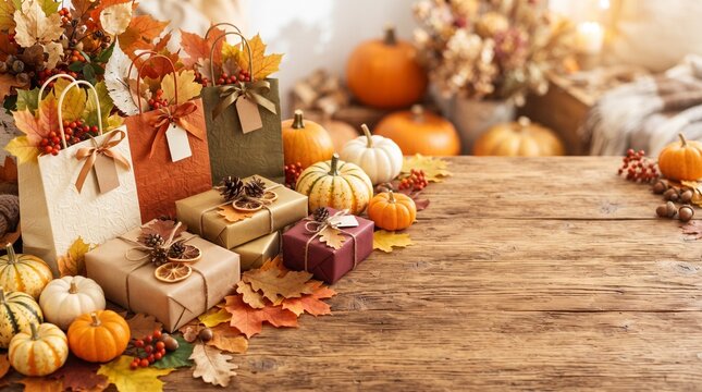Thanksgiving shopping bags and wrapped gifts on a rustic wooden table