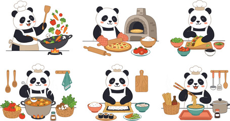 Cute panda chef vector illustration set featuring baking pizza rolling sushi stir frying noodles and cooking soup mascot characters © Tonoy