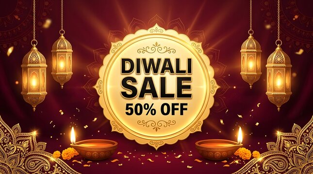 Diwali sale banner with golden lanterns and oil lamps on a dark red background