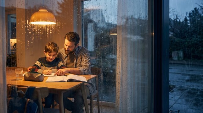 Dad Helping Son With Math Homework As Rain Draws Patterns On The Window