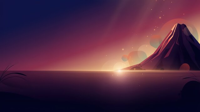 Serene minimalist mountain landscape at sunset with glowing horizon and abstract light circles over