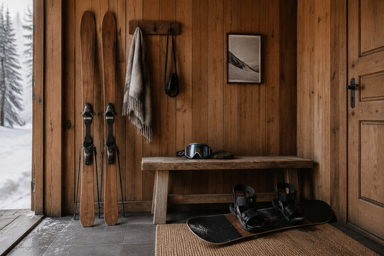Wooden skis, snowboard, and goggles in alpine entryway for winter sports and mountain cabin lifestyle