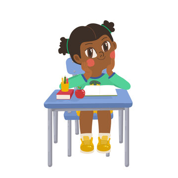 School girl sitting at desk with books pencils and apple isolated on white for classroom education design