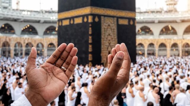 Muslim pilgrim praying with hands raised in front of the kaaba at the masjid alharam in mecca during hajj or umrah pilgrimage