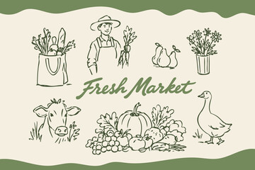 Naklejka premium Fresh Market Farm Produce Hand Drawn Vector Illustration