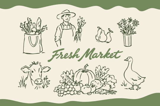 Fresh Market Farm Produce Hand Drawn Vector Illustration