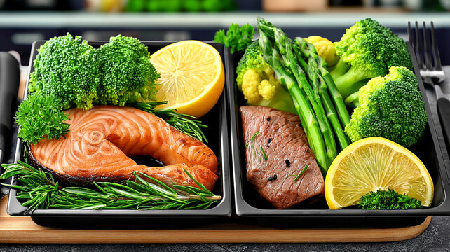 Healthy meal prep containers with salmon steak broccoli lemon lunch box food container