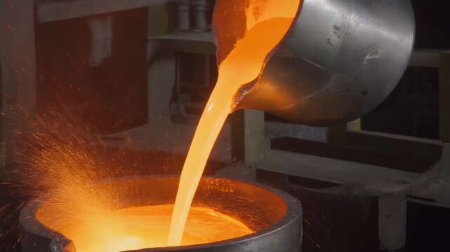 Molten metal pouring from crucible in industrial foundry