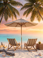 Obraz premium A beautiful beach scene at sunset with two striped lounge chairs under a large umbrella Palm trees frame the vibrant sky above a clear turquoise calm ocean 