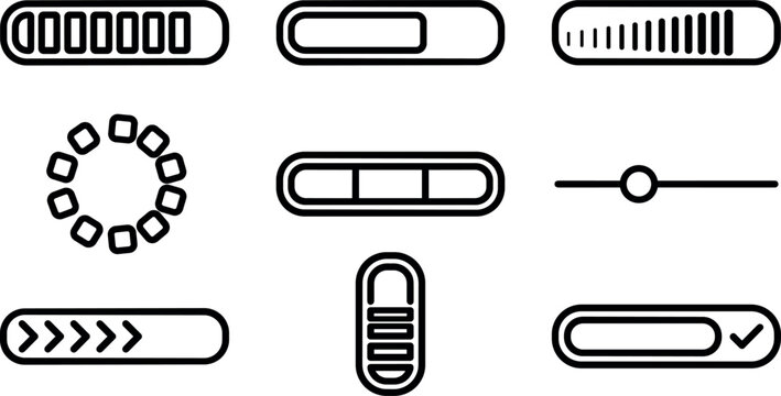 Black digital loading and progress bar linear icons set featuring indicators sliders and status bars symbols