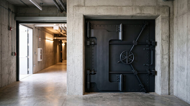 Heavy black vault door in industrial concrete basement corridor with security wheel handle