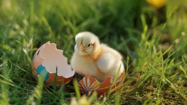 Cute Baby Chick Hatching From Colorful Egg Outdoors