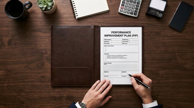Professional Reviewing Performance Improvement Plan Document at Office Wooden Desk