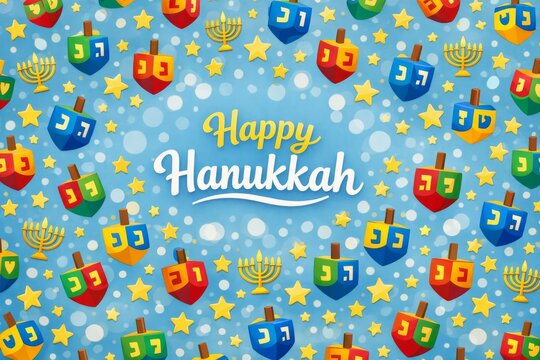 Happy hanukkah patterned background with colorful dreidels menorahs and stars for holiday banner and greeting card design