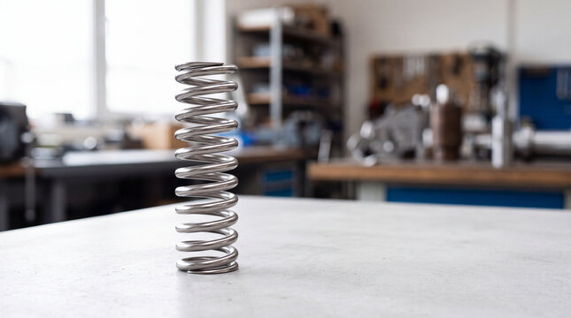 Metal coil spring standing on workbench in industrial workshop, engineering component and mechanical part