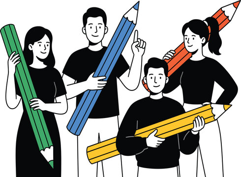 Team People Holding Giant Pencils Vector Illustration