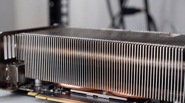 Close-up of graphics card gpu heatsink with copper heat pipes on computer hardware
