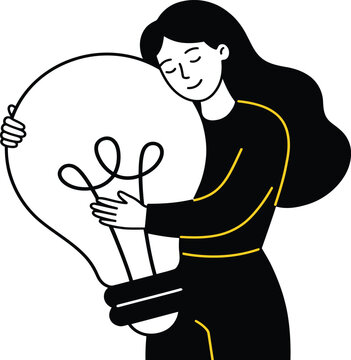 Woman Embracing Lightbulb Idea Concept Vector Illustration