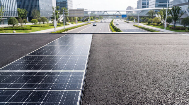Solar panels on urban rooftop overlooking modern highway and business district for sustainable energy