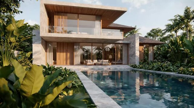Modern tropical villa featuring infinity pool and garden.