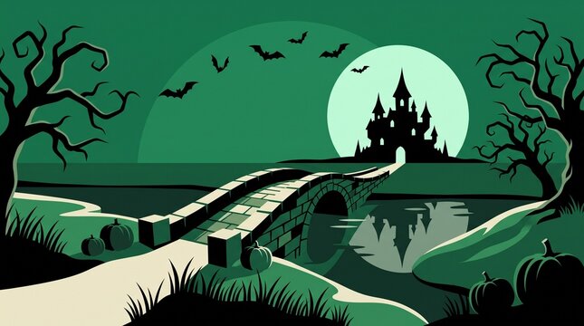 A frightening halloween landscape features a shadowy castle outlined by a bright full moon with a curved pathway approaching the entrance