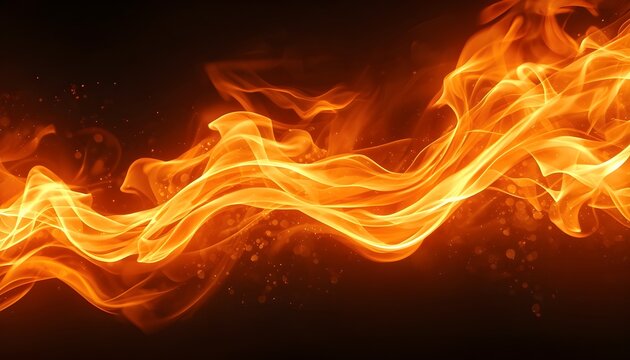 Photorealistic flowing orange and golden flames with wispy smoke, curling tongues of fire and glowing ember particles, dynamic irregular shape, isolated fire effect on a transparent background, ultra-