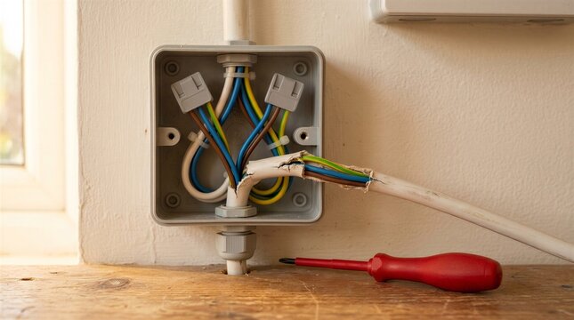 Open Electrical Junction Box with Exposed Household Wiring