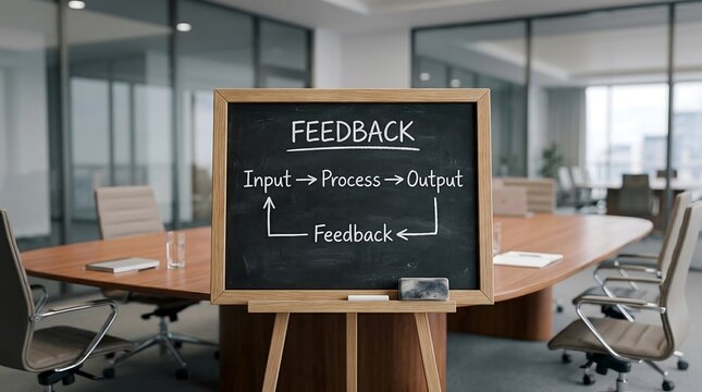 Business feedback loop concept on chalkboard in modern corporate office
