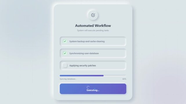 Modern automated workflow interface showing system backup, database synchronization, security patching and task execution progress, representing automation, software processes, digital workflow and IT