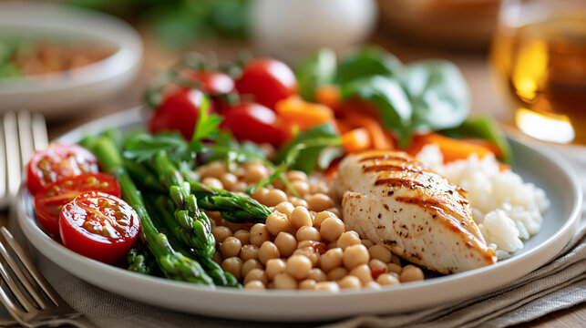 healthy eating with a portion control meal plate displayed in bright even lighting, nutrition concept, balanced diet, bright, with copy space