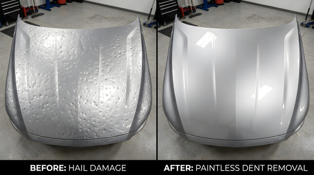 hail damage repair before and after | paintless dent removal services | car hood dent restoration | professional auto body repair | PDR hail damage fix