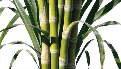 Fototapeta premium Close up sugarcane plant vibrant green leaves with shadow cut out isolated on white background. AI GENERATED. 