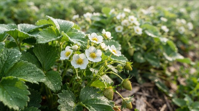 Flowering strawberry plants in a lush green field during springtime agricultural growth and fruit production