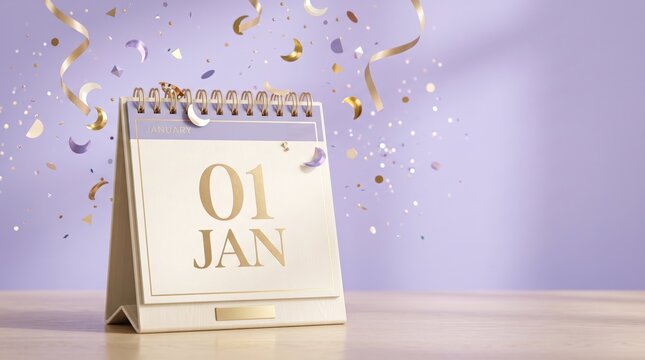 New Year's Day celebration background with calendar and confetti