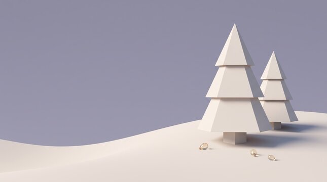 Minimalist white Christmas trees on snowy hill with purple background