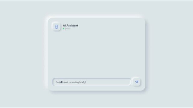 Modern AI assistant chat interface processing a user question about cloud computing, representing artificial intelligence, chatbot technology, conversational AI, digital communication
