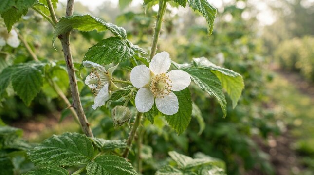 Blooming white raspberry blossom on a leafy plant in a sunlit garden showcasing natural growth and agricultural spring beauty