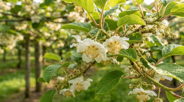 Close-up of delicate white kiwi fruit flowers blossoming on lush green vines in a sun-drenched agricultural orchard, capturing the vibrant essence of spring