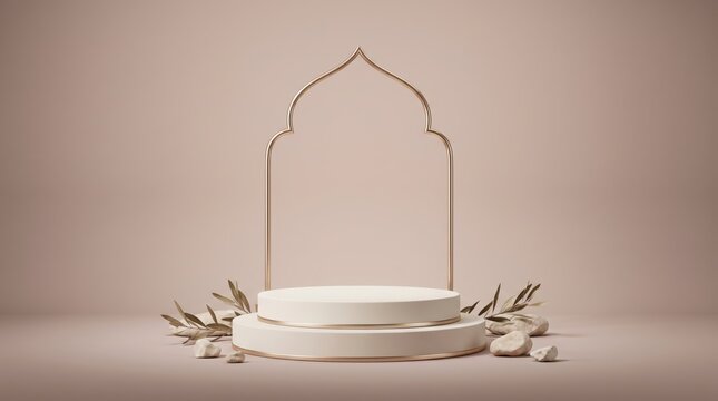 Elegant minimalist product display with gold arch and white pedestal