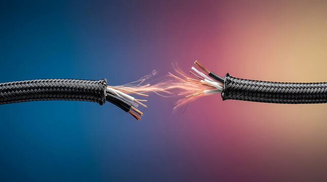 Severed Electrical Cable with Sparks Arcing Between Exposed Wires